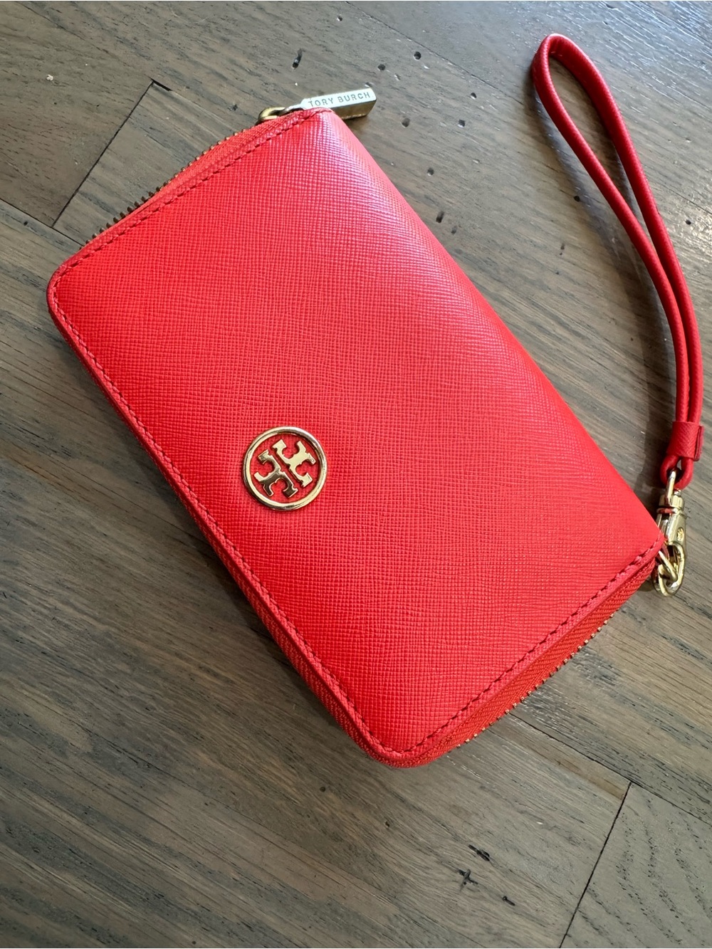 Tory Burch Red Saffiano Zip Wristlet with Gold Logo